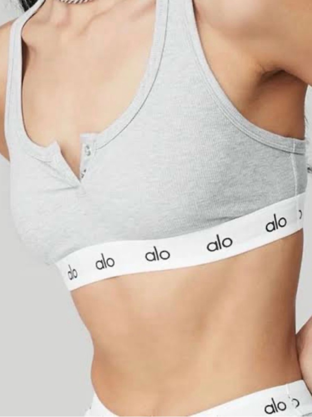 Alo Yoga S Icon Ribbed Henley Bra button detail elastic logo band cotton blend